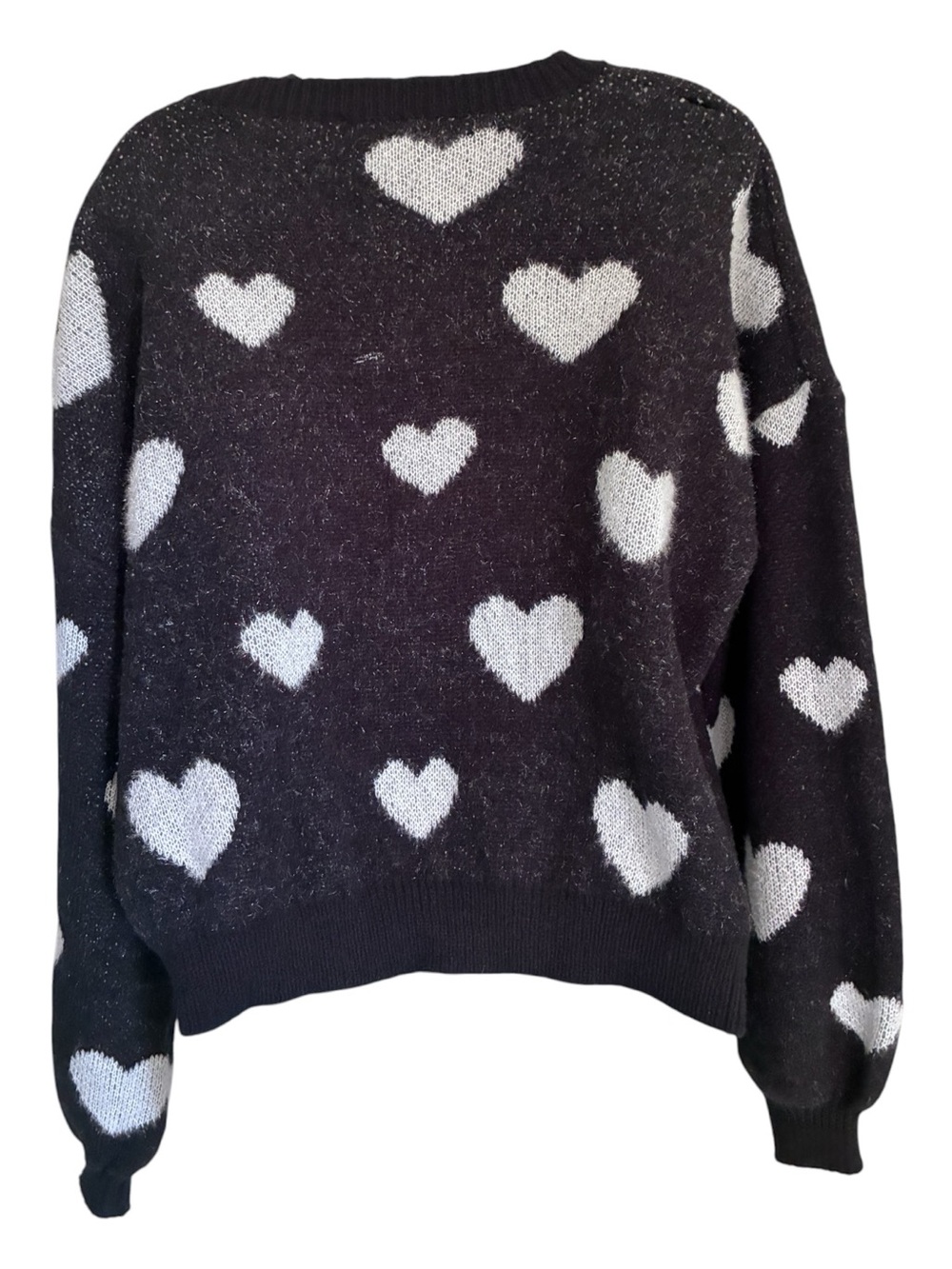 Black Silver Heart Pattern Valentines Day Sweater - Cozy Crewneck Sz L - Picture 3 of 9